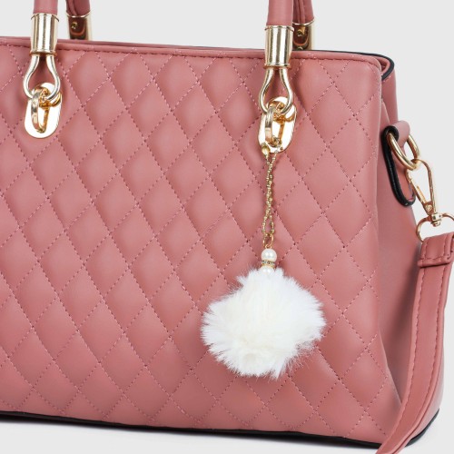 Rhombus Pattern Furry Ball Hanging Shoulder Bag - Pink |image