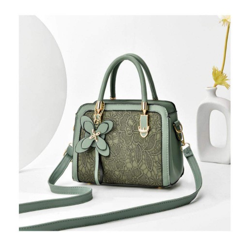 Women's Flower Texture Zipper Closure shoulder Bag -Green |image