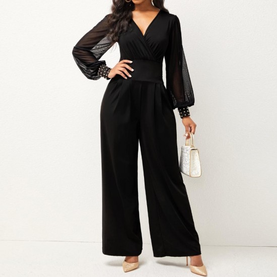 Stylish V Neck High Waist Pleated Jumpsuit - Black |Image