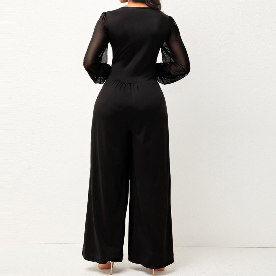 Stylish V Neck High Waist Pleated Jumpsuit - Black |Image