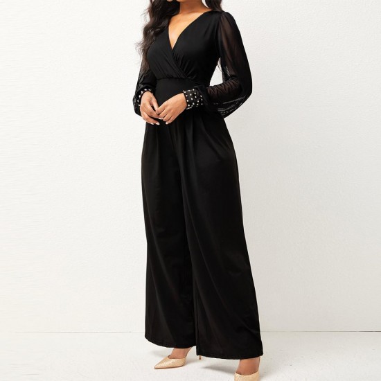 Stylish V Neck High Waist Pleated Jumpsuit - Black |Image