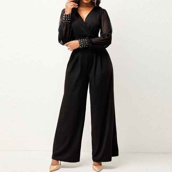 Stylish V Neck High Waist Pleated Jumpsuit - Black |Image