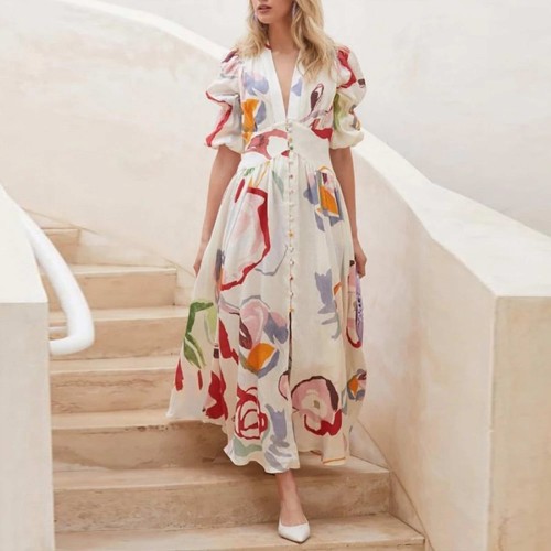 Floral Button Up Long Sleeved Beach Dress - White |image