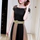 Short Sleeved Contrast Round Neck Chiffon Maxi Dress - Gold |image