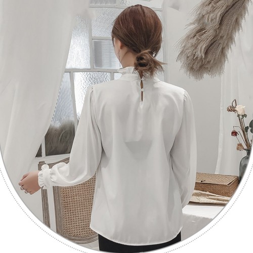 Vintage Style Long Sleeved Stand Up Collar Shirt - White |image