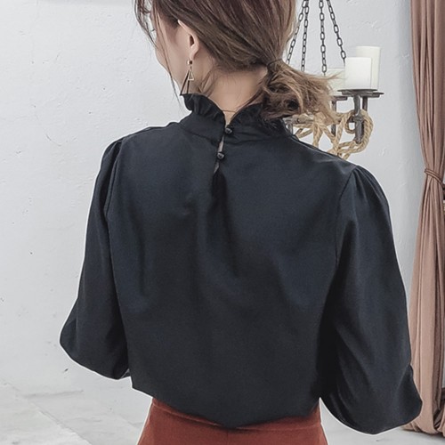 Vintage Style Long Sleeved Stand Up Collar Shirt - Black |image