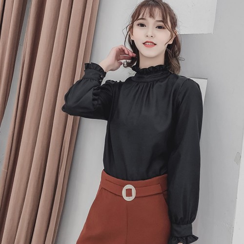 Vintage Style Long Sleeved Stand Up Collar Shirt - Black |image