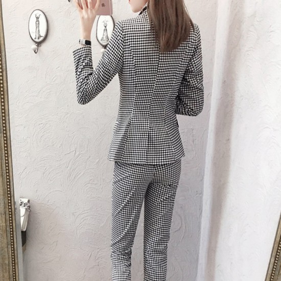 Western Style Long Sleeved Plaid Two Piece Formal Suit - Grey |image