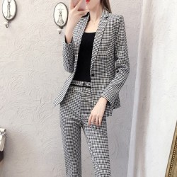 Western Style Long Sleeved Plaid Two Piece Formal Suit - Grey