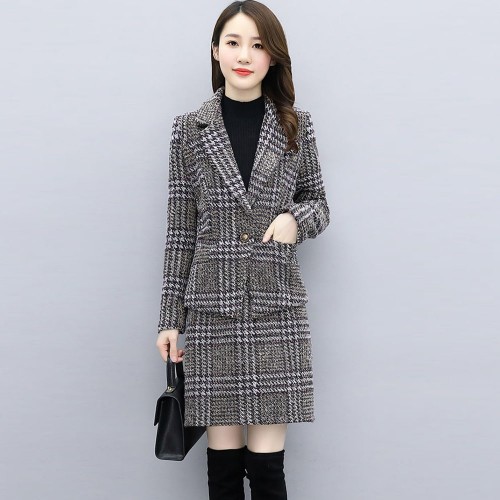 Two Piece Plaided Slim Coat With Hip Skirt Suit - Brown |image