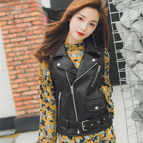 Stylish Sleeveless Women's Casual Leather Jacket - Black |image