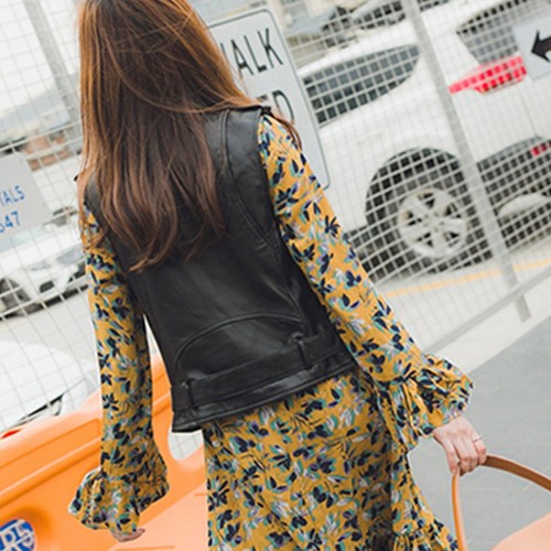 Stylish Sleeveless Women's Casual Leather Jacket - Black |image