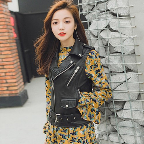 Stylish Sleeveless Women's Casual Leather Jacket - Black |image