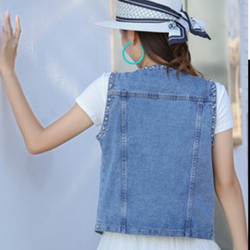 Rivets Decorated Denim Waistcoat Cardigan Jacket - Blue |image