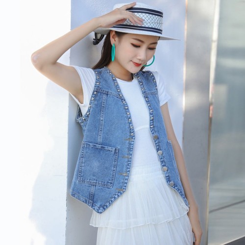 Rivets Decorated Denim Waistcoat Cardigan Jacket - Blue |image