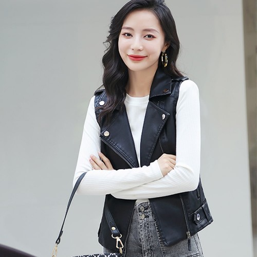 Slim Fit Front Zip Sleeveless Leather Jacket - Black |image