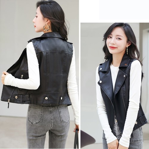 Slim Fit Front Zip Sleeveless Leather Jacket - Black |image