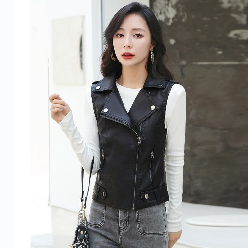 Slim Fit Front Zip Sleeveless Leather Jacket - Black |image