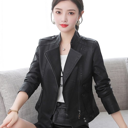 Zip Closure Full Sleeved Ladies Leather Jacket - Black |image