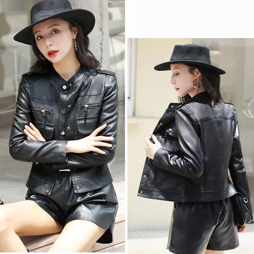 Front Button Stand Up Collar Leather Jacket - Black |image