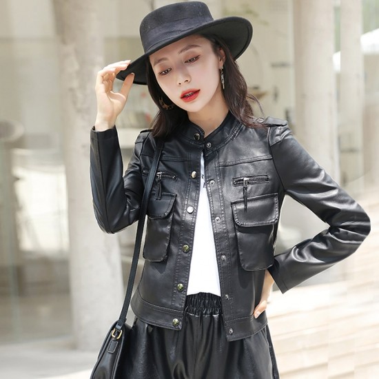 Front Button Stand Up Collar Leather Jacket - Black |image