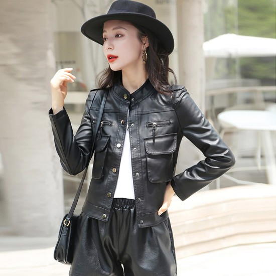 Front Button Stand Up Collar Leather Jacket - Black |image
