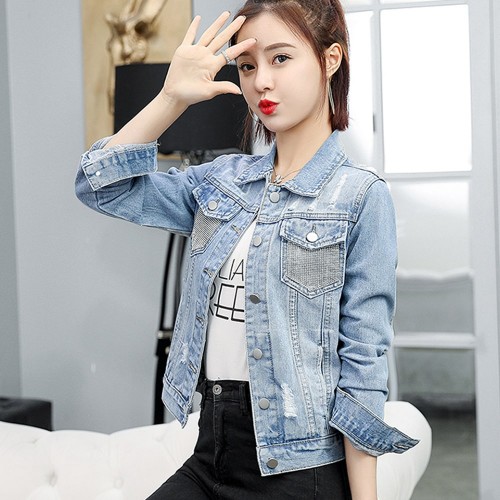 Korean Style Front Button Women's Denim Jacket - Blue |image