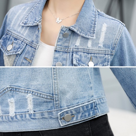 Korean Style Front Button Women's Denim Jacket - Blue |image