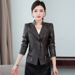  Faux Leather Zip Up Moto Biker Women’s Jacket - Black