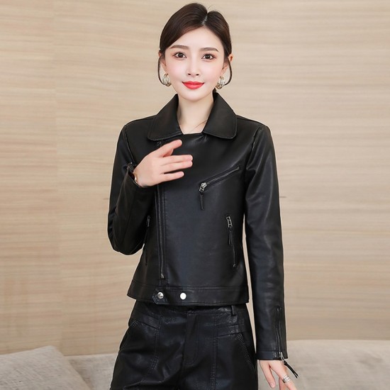 Casual Front Zipper Slim Leather Jacket - Black |image