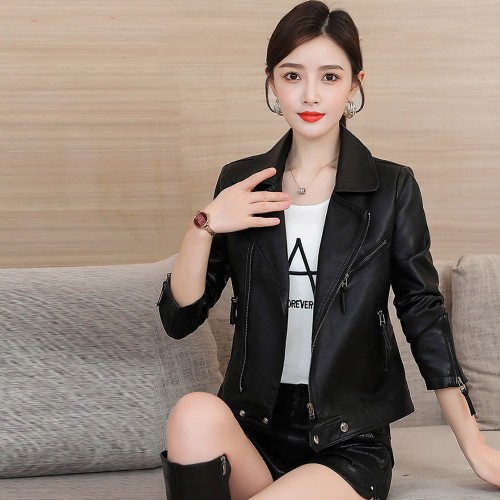 Casual Front Zipper Slim Leather Jacket - Black |image