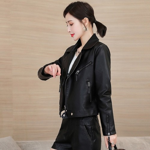 Casual Front Zipper Slim Leather Jacket - Black |image