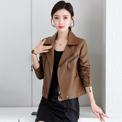Casual Front Zipper Slim Leather Jacket - Brown |image