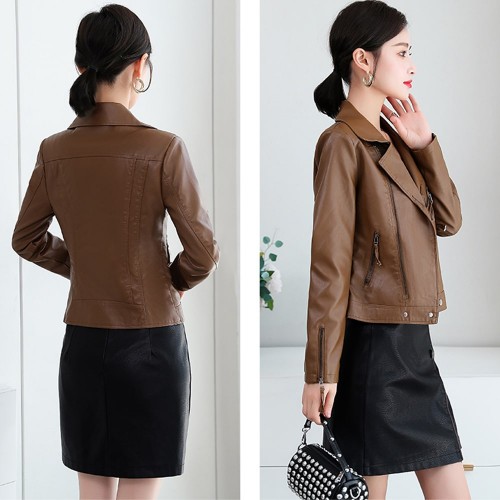 Casual Front Zipper Slim Leather Jacket - Brown |image