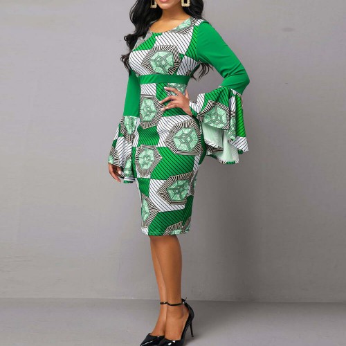 Bell Sleeve Printed High Waist Pencil Slim Dress - Green |image