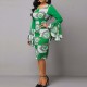 Bell Sleeve Printed High Waist Pencil Slim Dress - Green |image