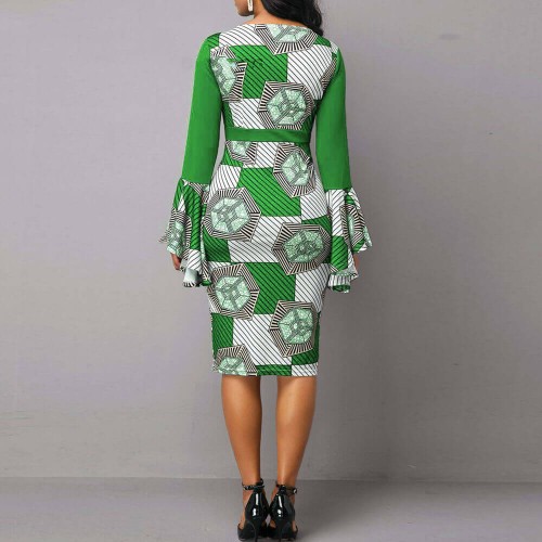 Bell Sleeve Printed High Waist Pencil Slim Dress - Green |image