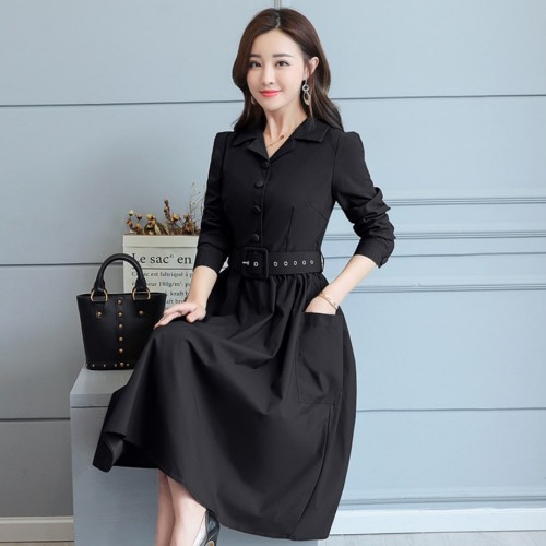 Long Sleeve Lapel Waist Belted Elegant Midi Dress - Black |image