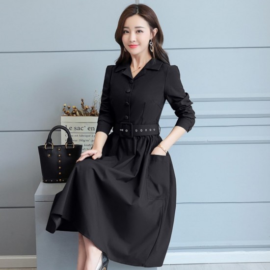 Long Sleeve Lapel Waist Belted Elegant Midi Dress - Black |image