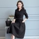 Long Sleeve Lapel Waist Belted Elegant Midi Dress - Black |image
