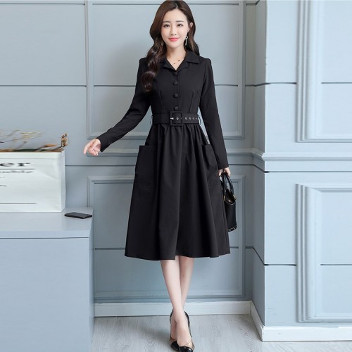 Long Sleeve Lapel Waist Belted Elegant Midi Dress - Black |image