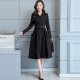 Long Sleeve Lapel Waist Belted Elegant Midi Dress - Black 