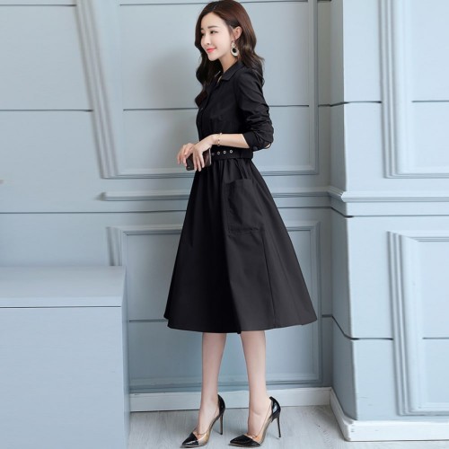 Long Sleeve Lapel Waist Belted Elegant Midi Dress - Black |image