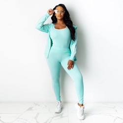 Style Zipper Closure Three Piece Hoodie Sportswear Set - Light Green