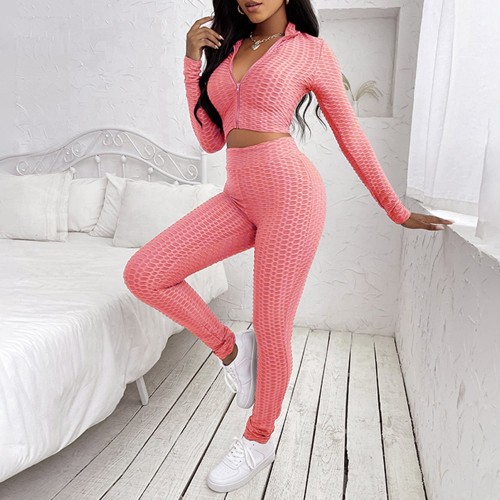 Front Zipper Closure Emboss Design Two Piece Sportswear - Pink |image