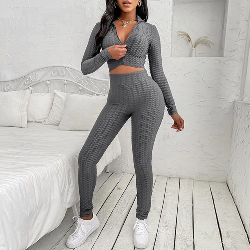 Front Zipper Closure Emboss Design Two Piece Sportswear - Grey |image