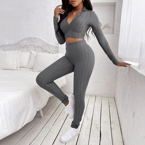 Front Zipper Closure Emboss Design Two Piece Sportswear - Grey |image