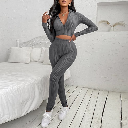 Front Zipper Closure Emboss Design Two Piece Sportswear - Grey |image