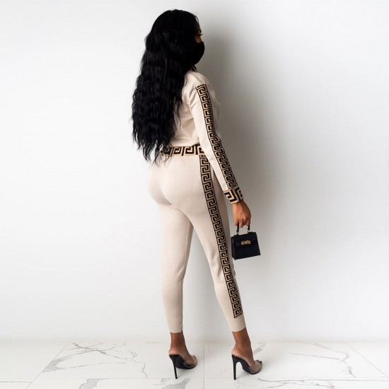 Border Printed Designer Fashion Two Piece Tracksuit - Cream |image