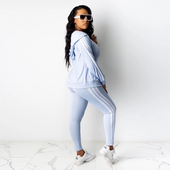 Style Zipper Closure Three Piece Hoodie Sportswear Set - Light Blue |image